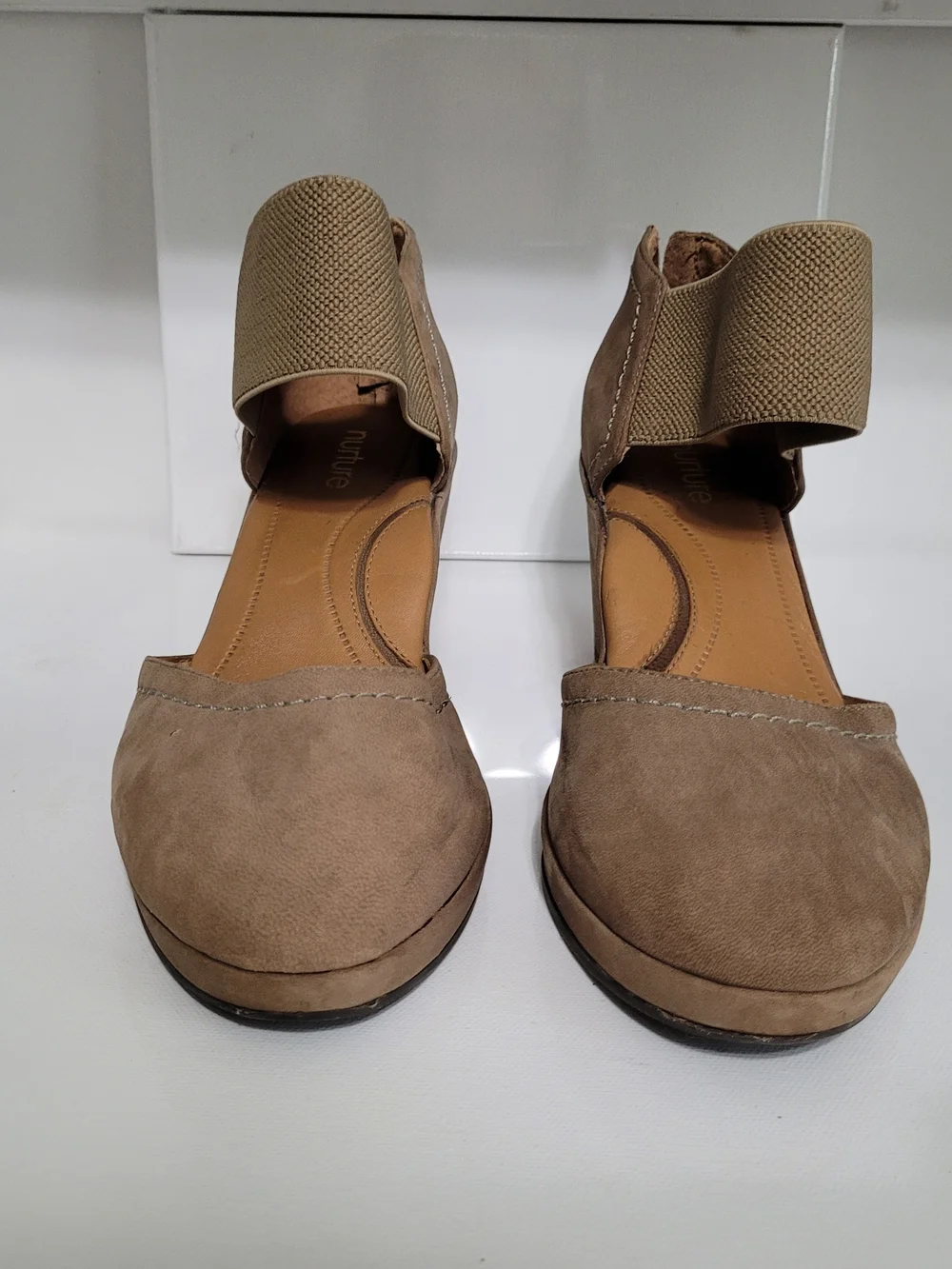 Nurture Taupe Faux Suede Wedge with Wide Elastic Ankle Strap